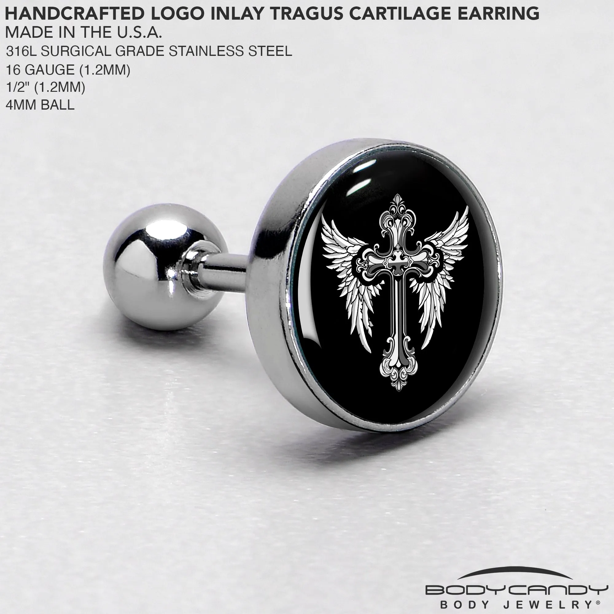 16 Gauge 1/4 Black White Winged Cross Tragus Cartilage Earring