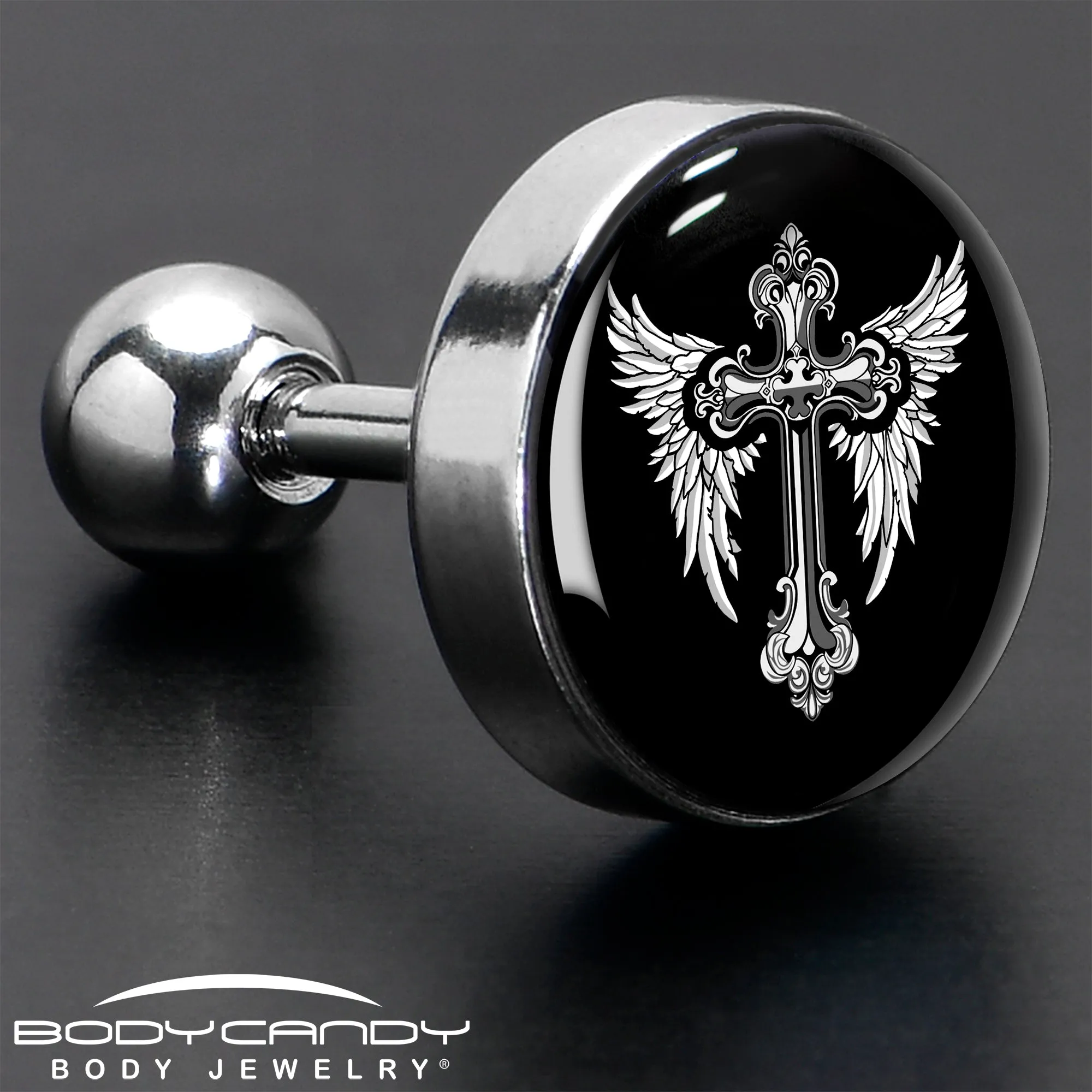 16 Gauge 1/4 Black White Winged Cross Tragus Cartilage Earring