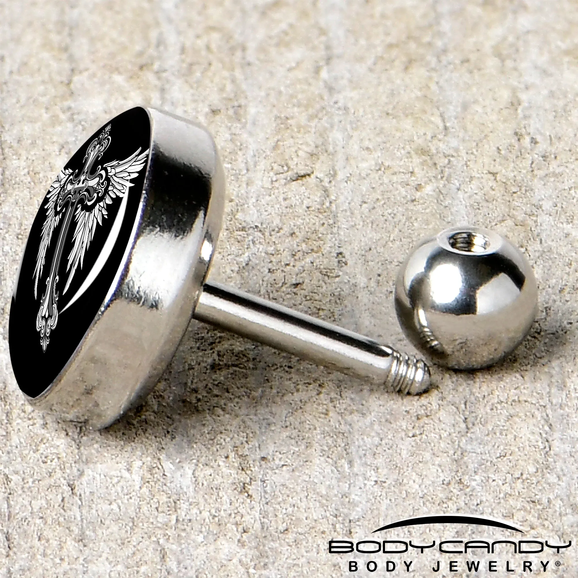 16 Gauge 1/4 Black White Winged Cross Tragus Cartilage Earring
