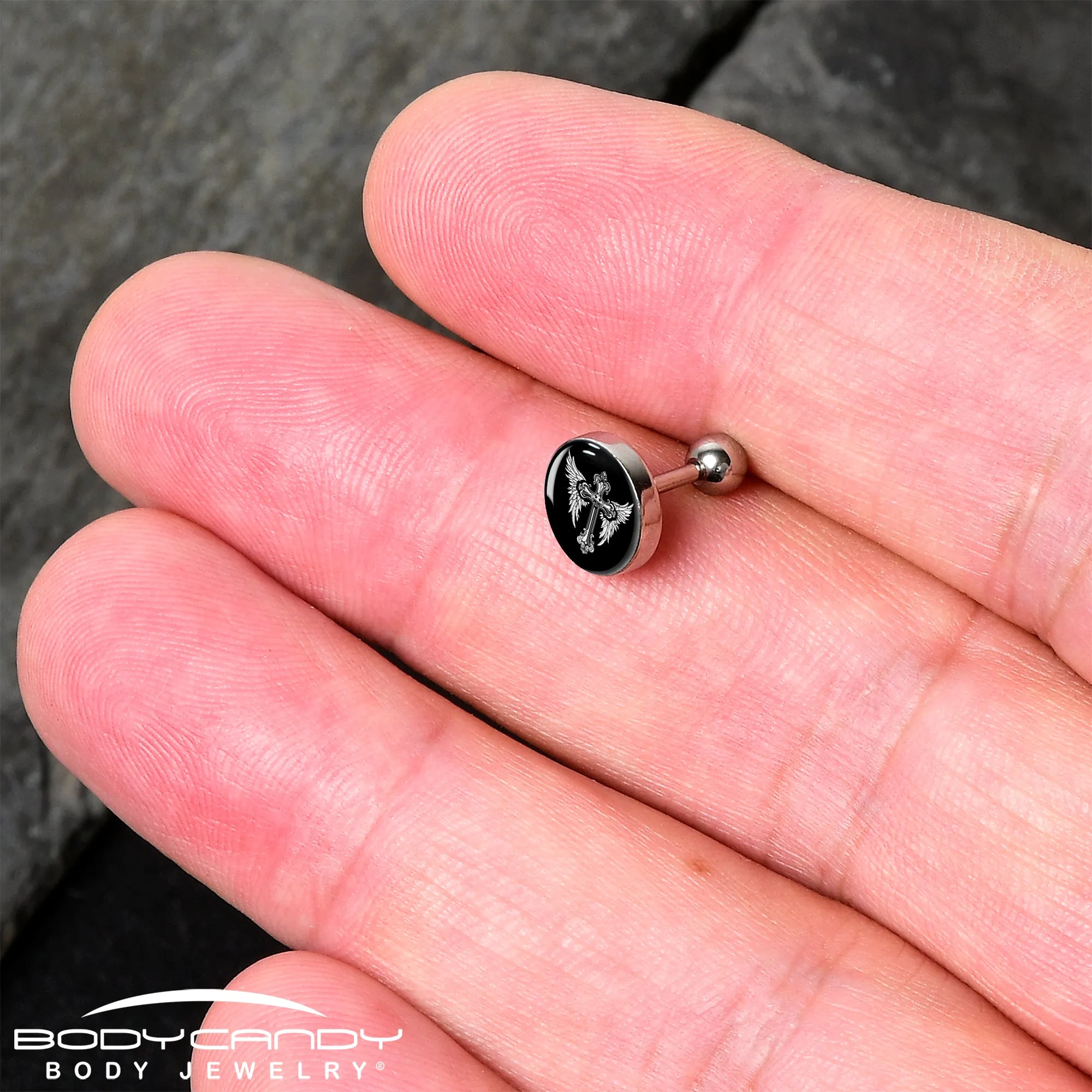 16 Gauge 1/4 Black White Winged Cross Tragus Cartilage Earring