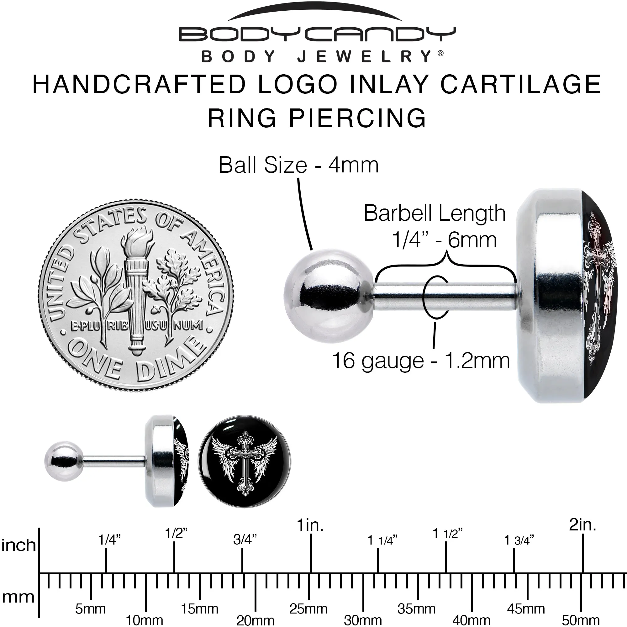 16 Gauge 1/4 Black White Winged Cross Tragus Cartilage Earring