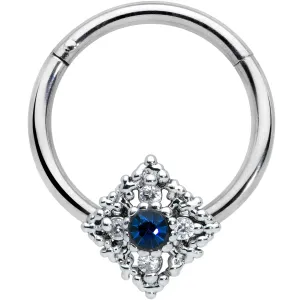 16 Gauge 3/8 Clear Blue Gem Textured Rhombus Cross Hinged Segment Ring