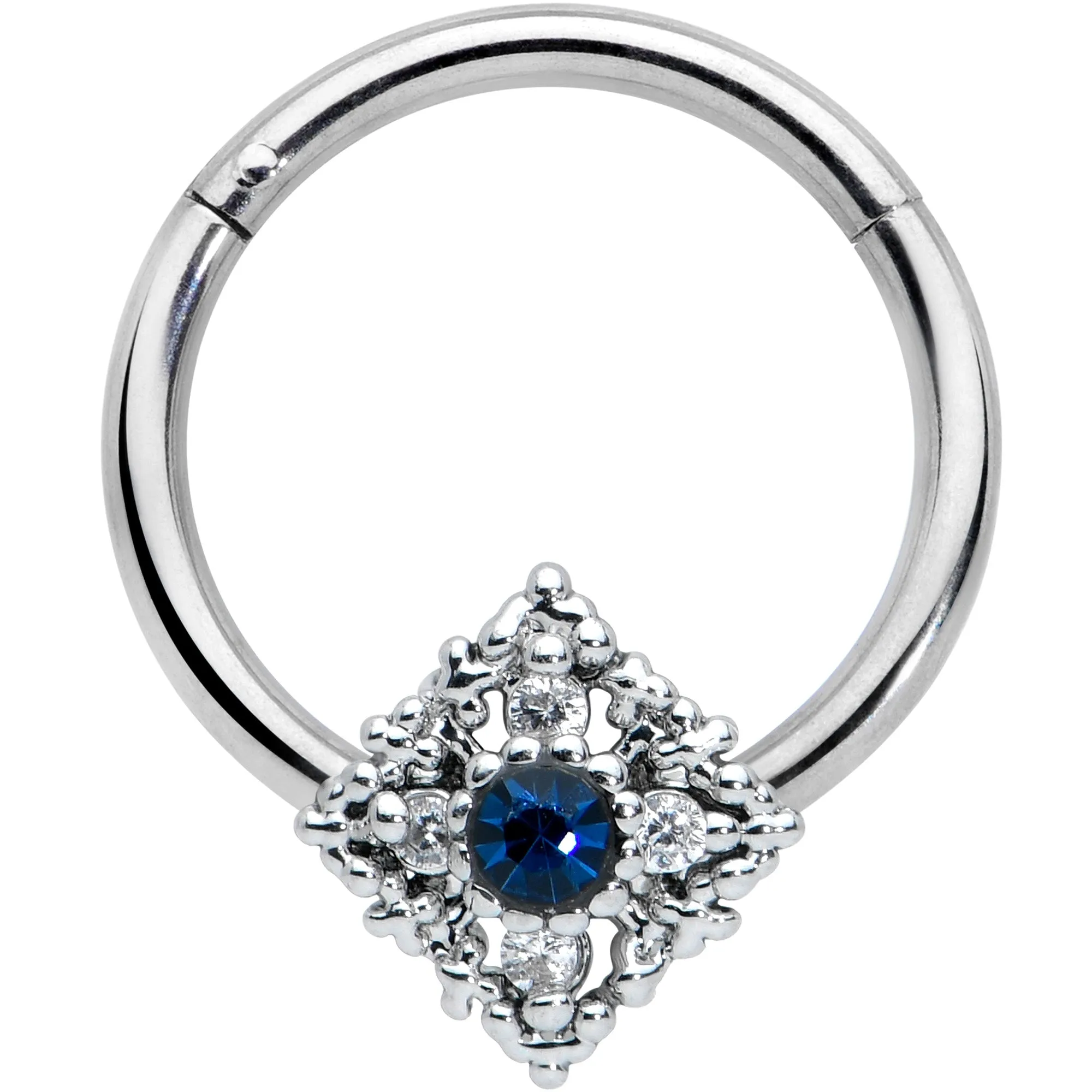16 Gauge 3/8 Clear Blue Gem Textured Rhombus Cross Hinged Segment Ring