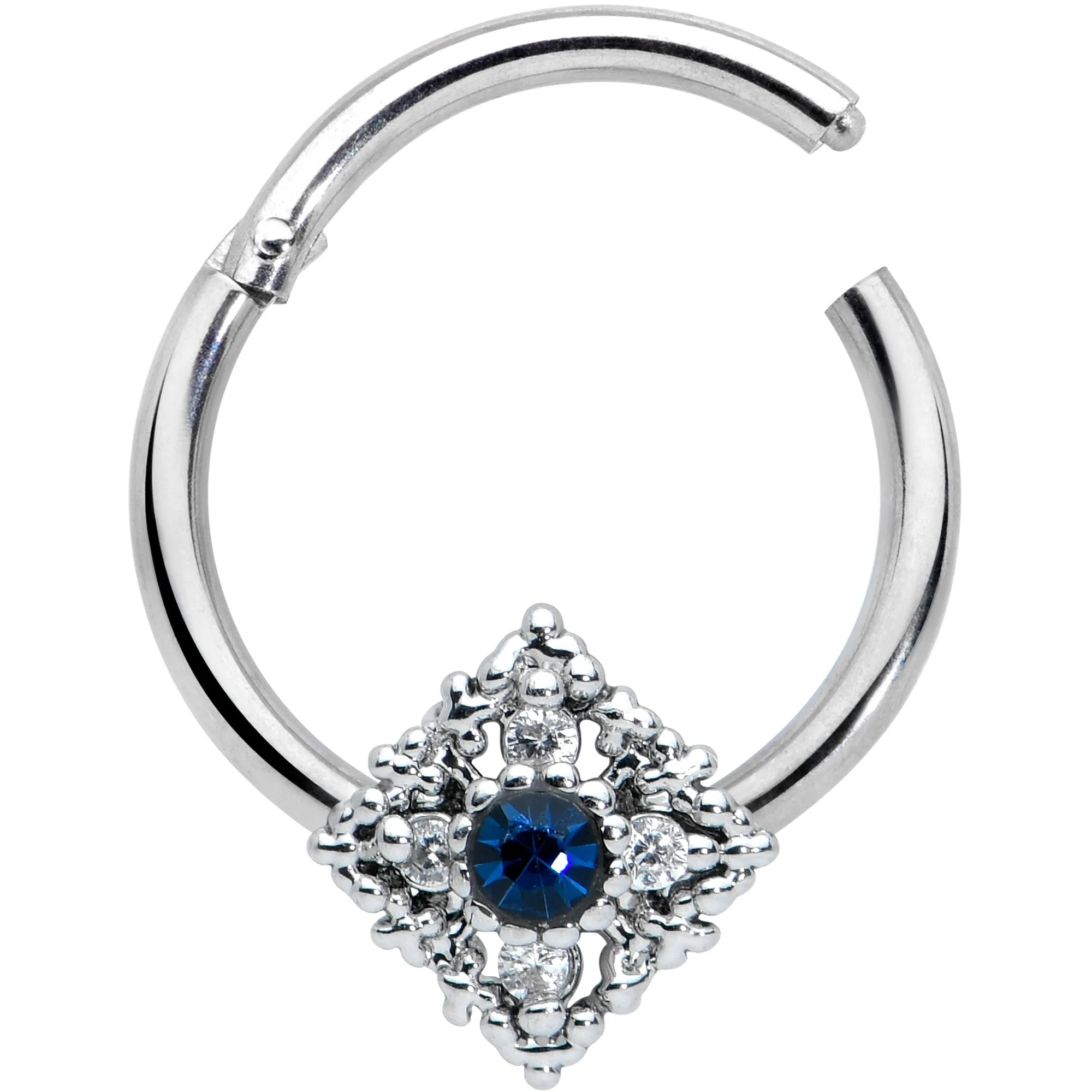 16 Gauge 3/8 Clear Blue Gem Textured Rhombus Cross Hinged Segment Ring