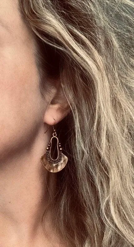 Bohemian Copper Earrings, dark antique copper, oxidized copper, Bali edge, lightweight earring, boho earrings, copper teardrop medallion