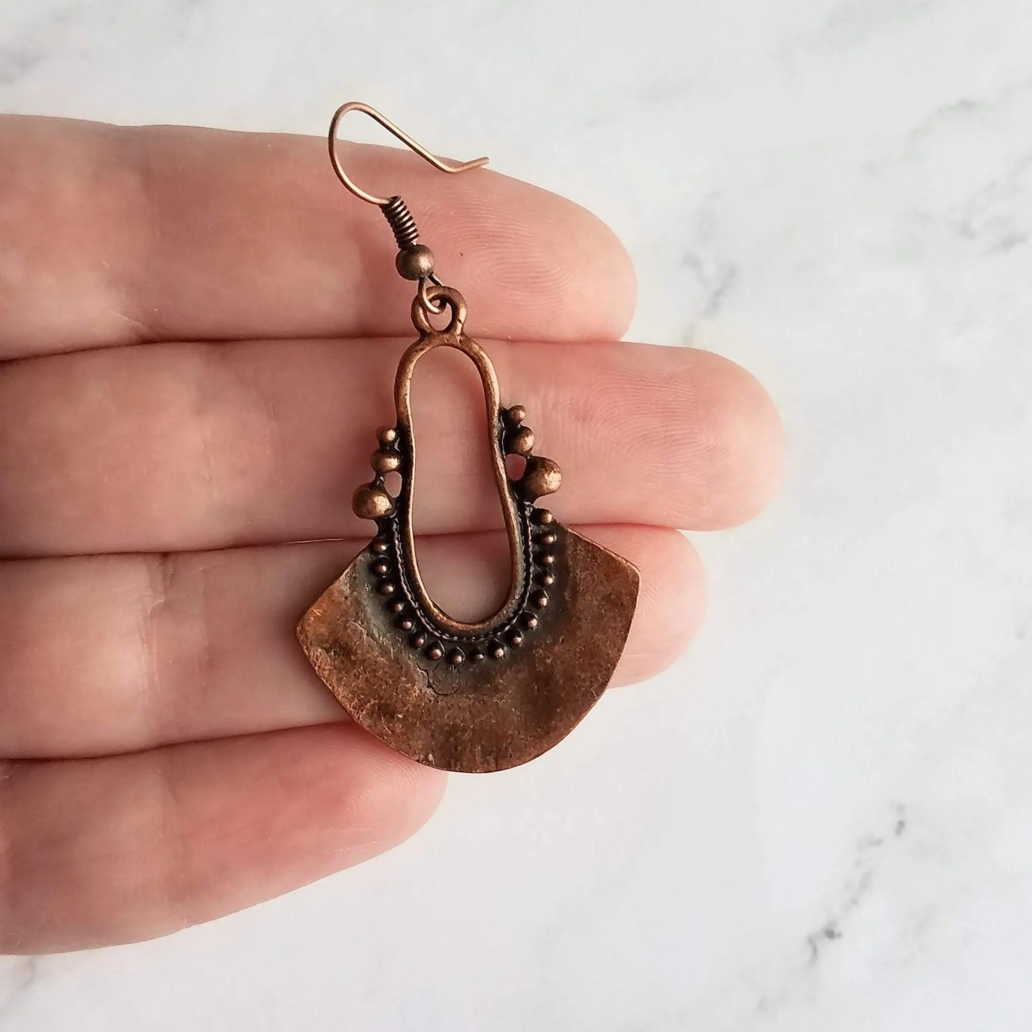 Bohemian Copper Earrings, dark antique copper, oxidized copper, Bali edge, lightweight earring, boho earrings, copper teardrop medallion