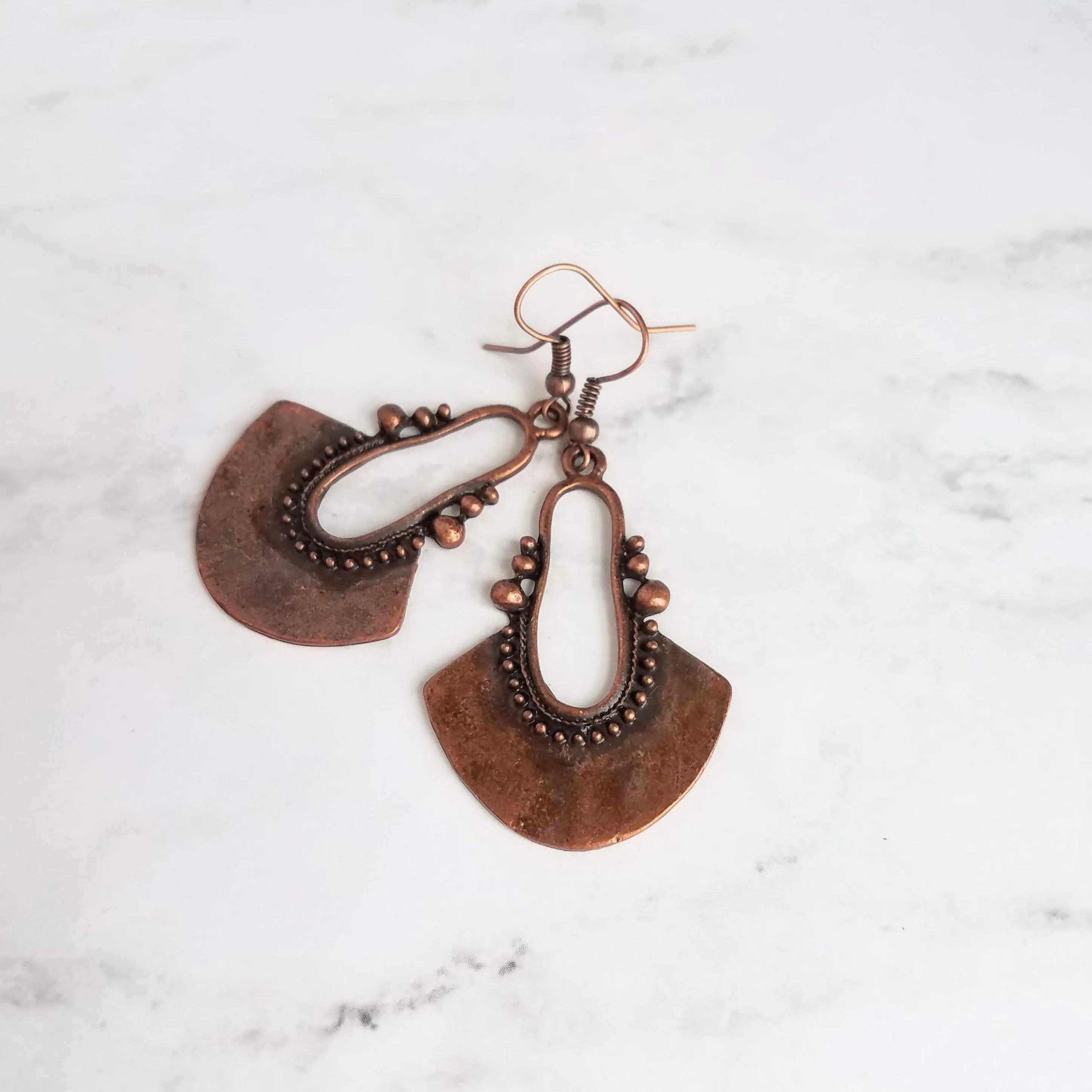 Bohemian Copper Earrings, dark antique copper, oxidized copper, Bali edge, lightweight earring, boho earrings, copper teardrop medallion
