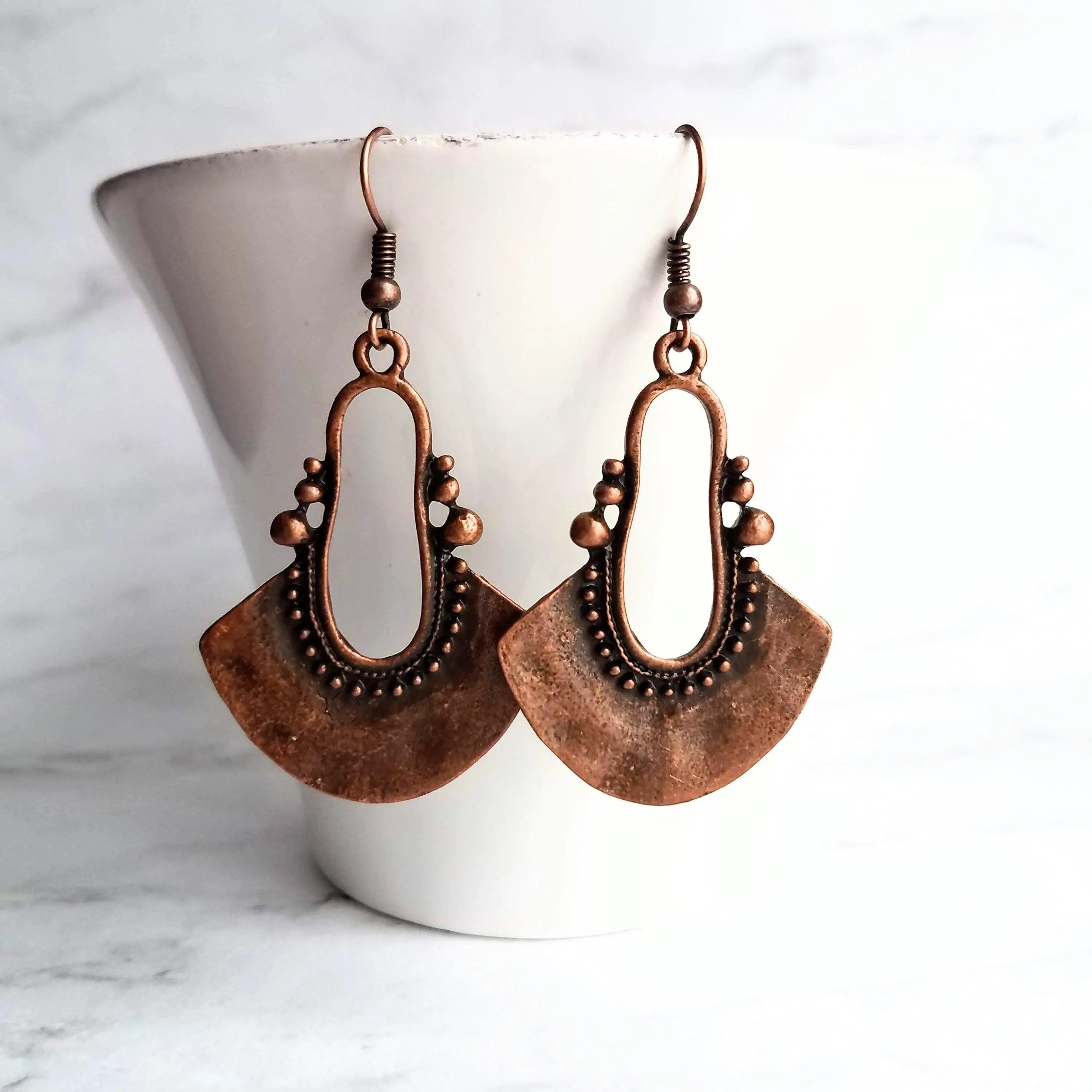 Bohemian Copper Earrings, dark antique copper, oxidized copper, Bali edge, lightweight earring, boho earrings, copper teardrop medallion