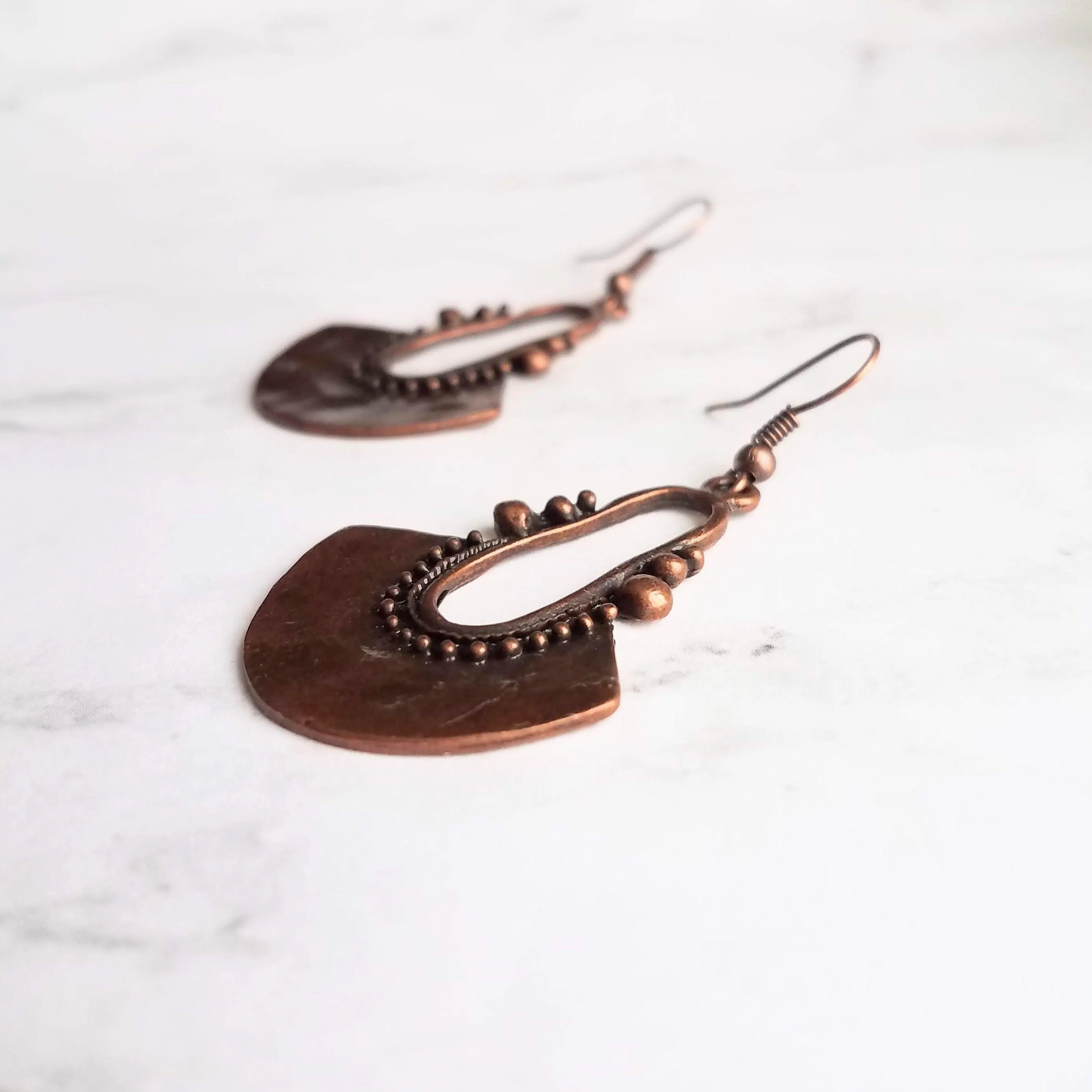 Bohemian Copper Earrings, dark antique copper, oxidized copper, Bali edge, lightweight earring, boho earrings, copper teardrop medallion