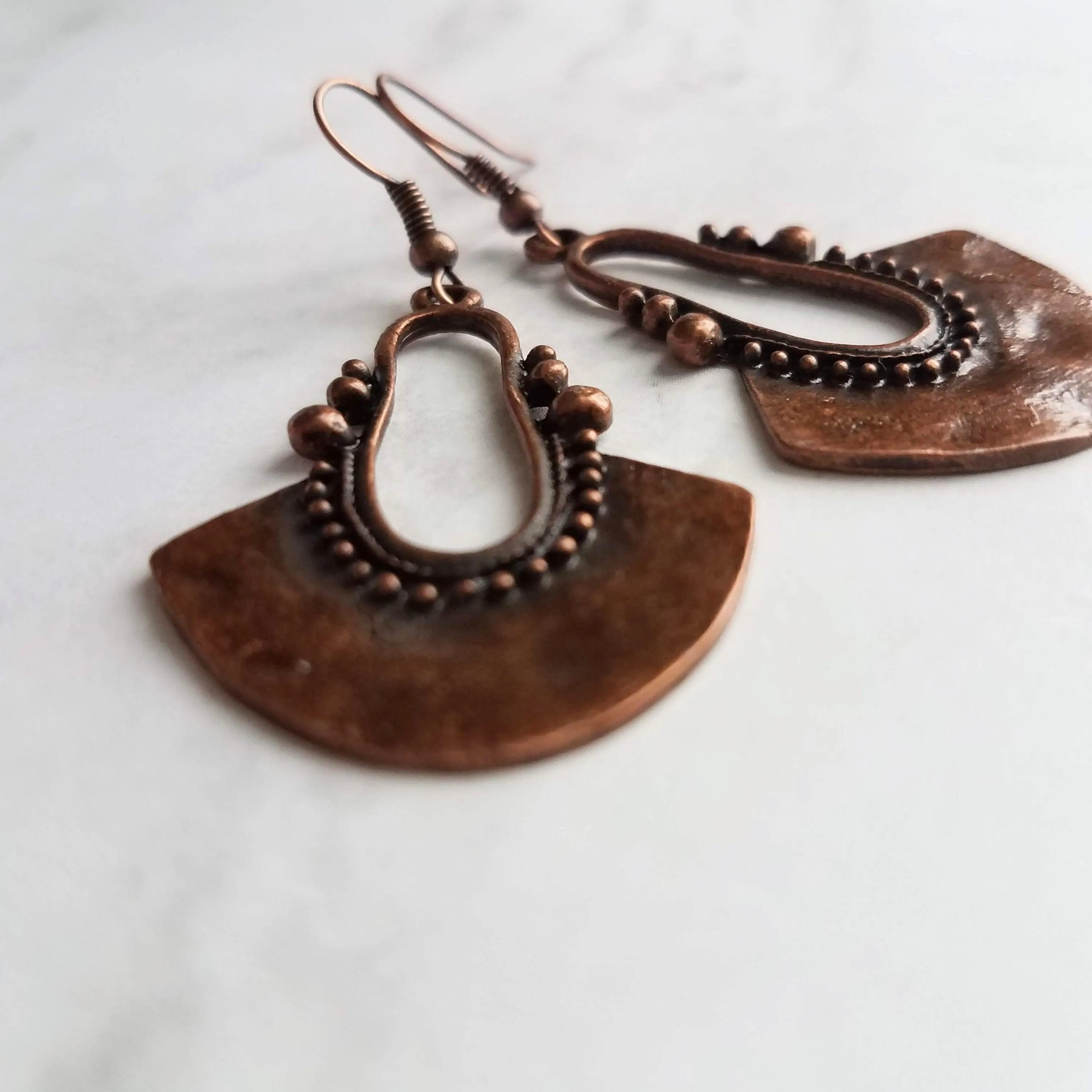 Bohemian Copper Earrings, dark antique copper, oxidized copper, Bali edge, lightweight earring, boho earrings, copper teardrop medallion