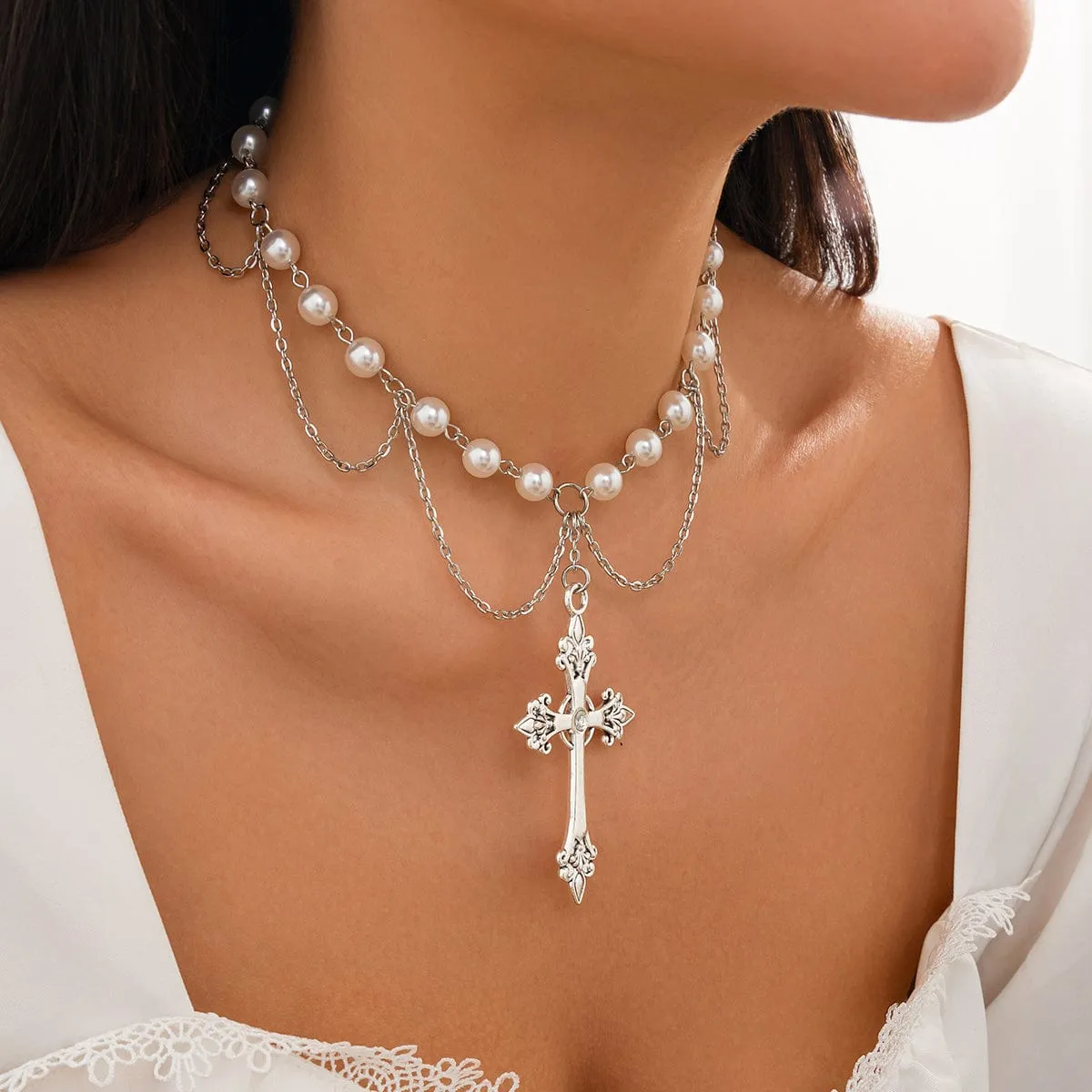 Chic Layered Cross Pendant Turquoise Pearl Chain Necklace