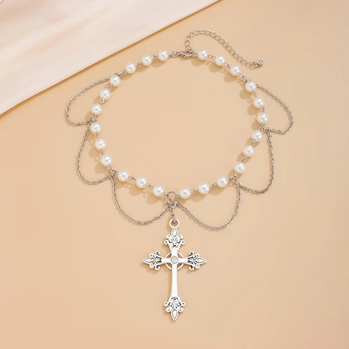 Chic Layered Cross Pendant Turquoise Pearl Chain Necklace