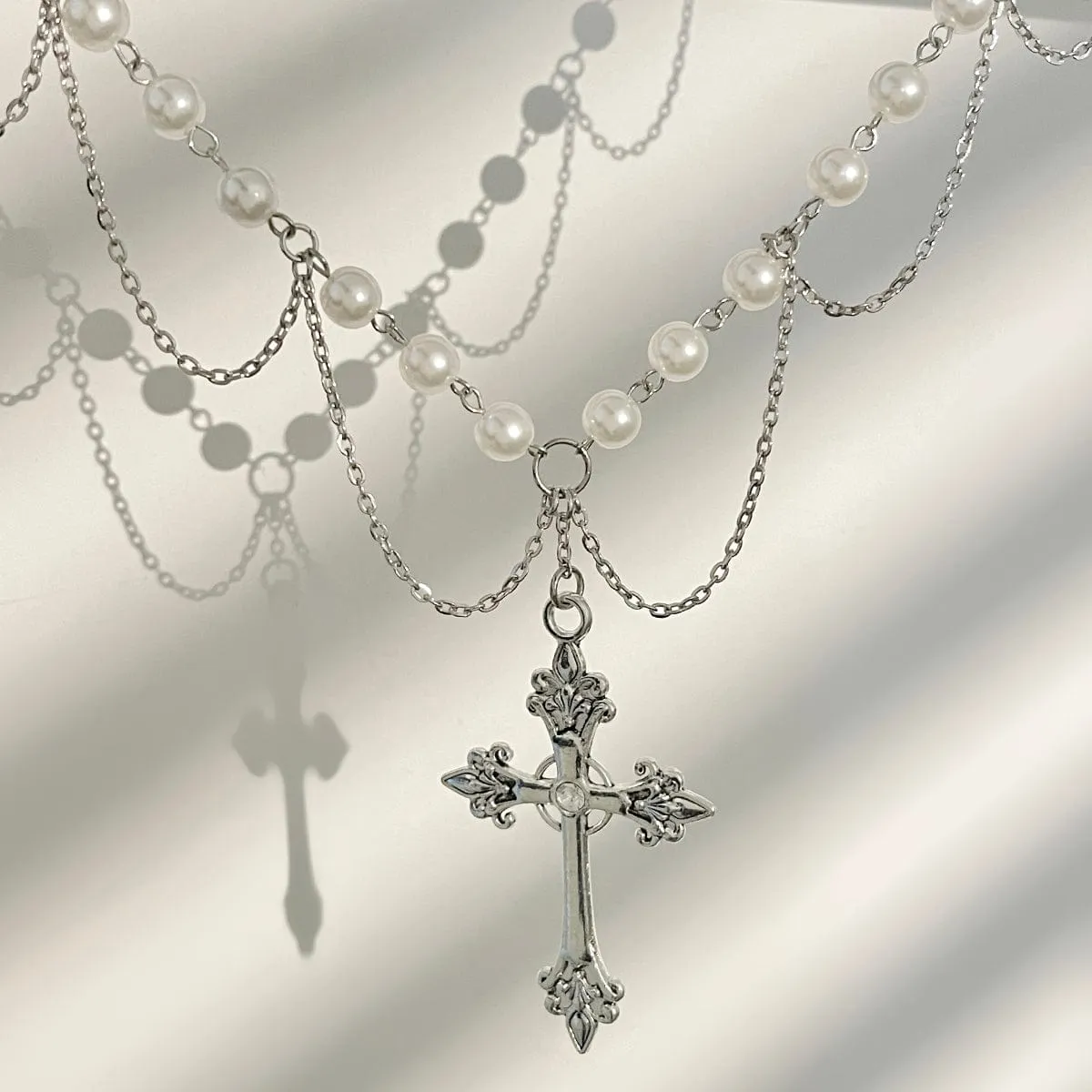Chic Layered Cross Pendant Turquoise Pearl Chain Necklace