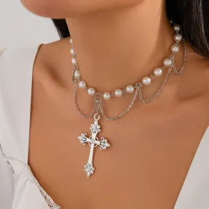 Chic Layered Cross Pendant Turquoise Pearl Chain Necklace