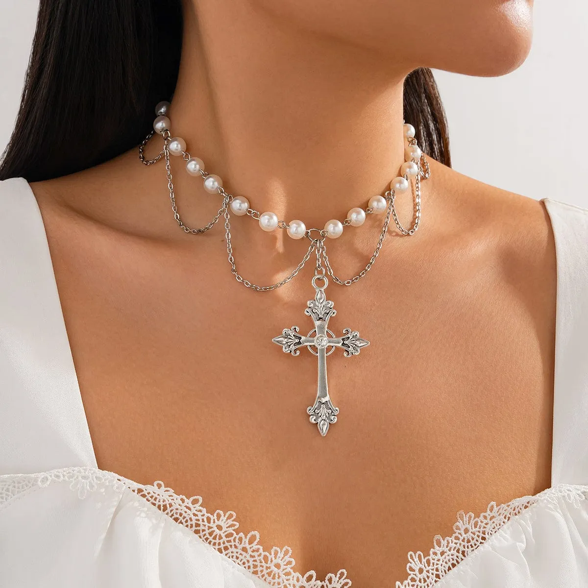 Chic Layered Cross Pendant Turquoise Pearl Chain Necklace