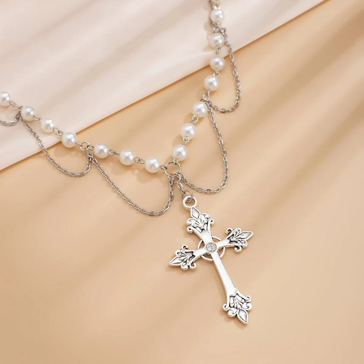 Chic Layered Cross Pendant Turquoise Pearl Chain Necklace