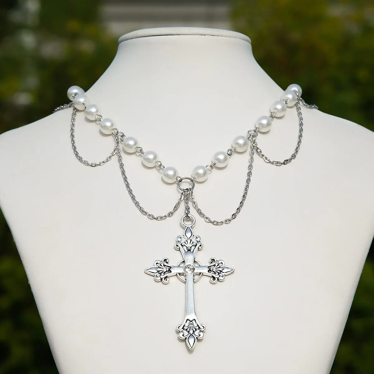 Chic Layered Cross Pendant Turquoise Pearl Chain Necklace