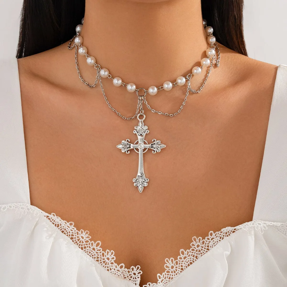 Chic Layered Cross Pendant Turquoise Pearl Chain Necklace