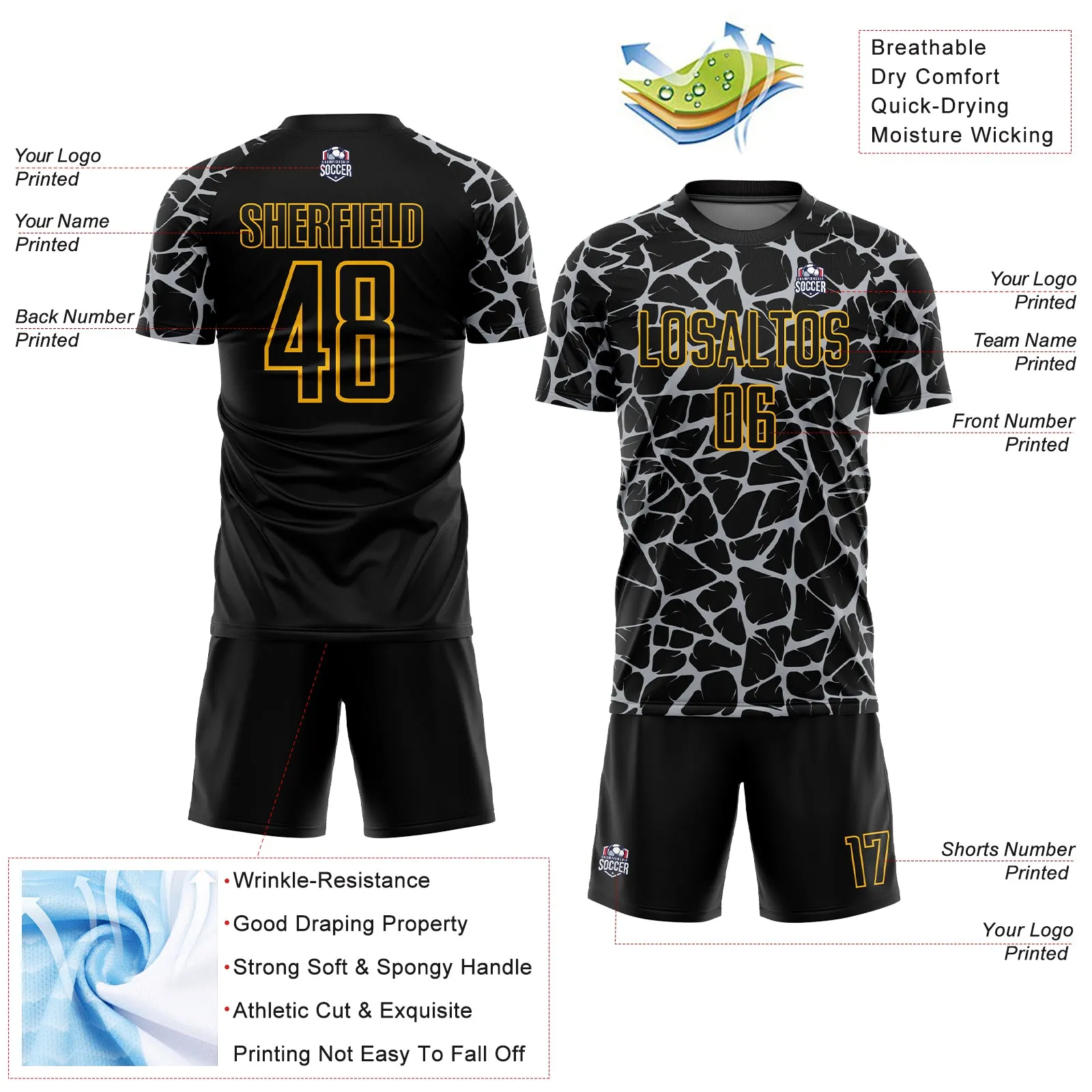 Custom Black Gray-Gold Abstract Network Splash Sublimation Soccer Uniform Jersey