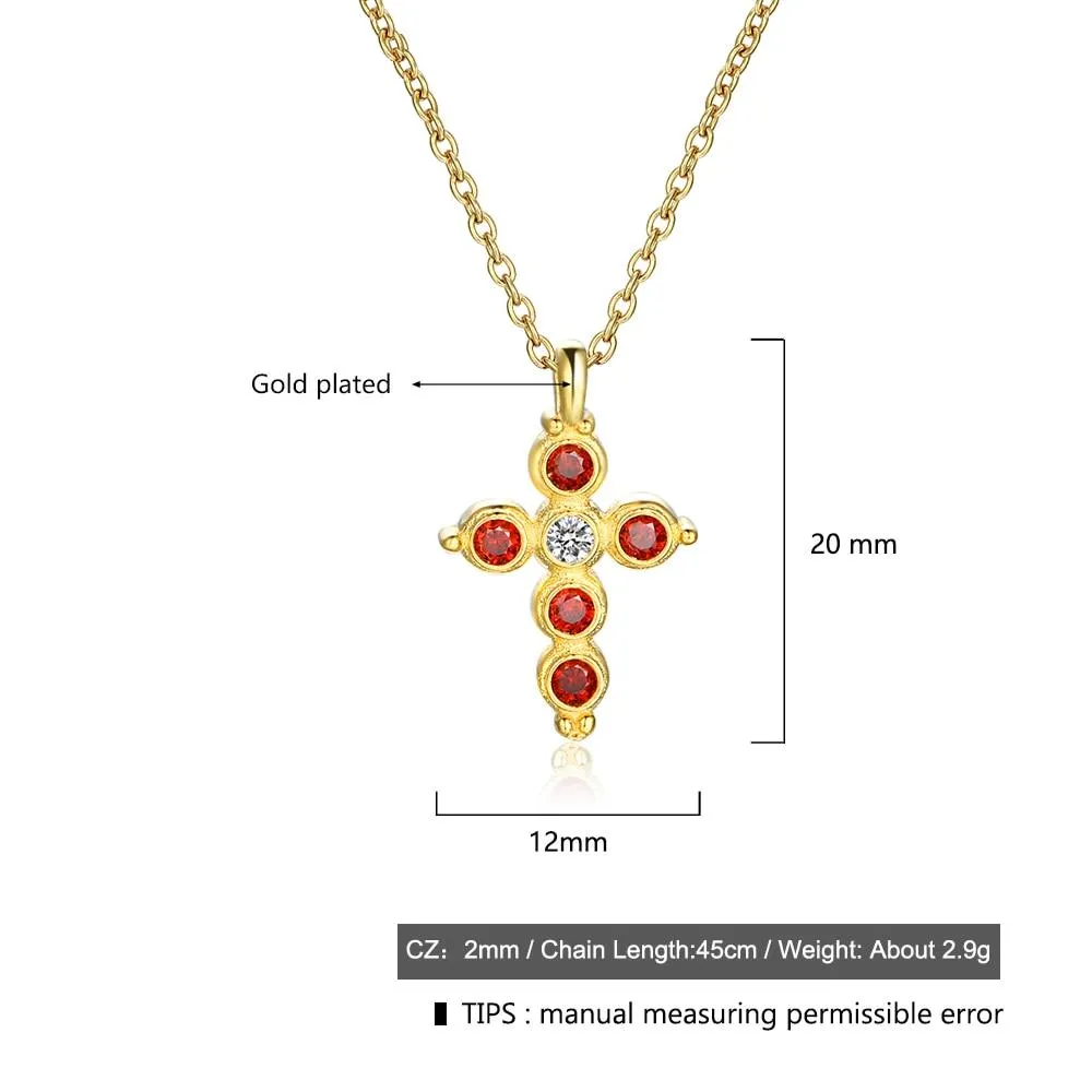 Fashion 925 Sterling Silver Gold Plated Cross Pattern Necklace with Red CZ Pendant, Vintage Jewelry for Women