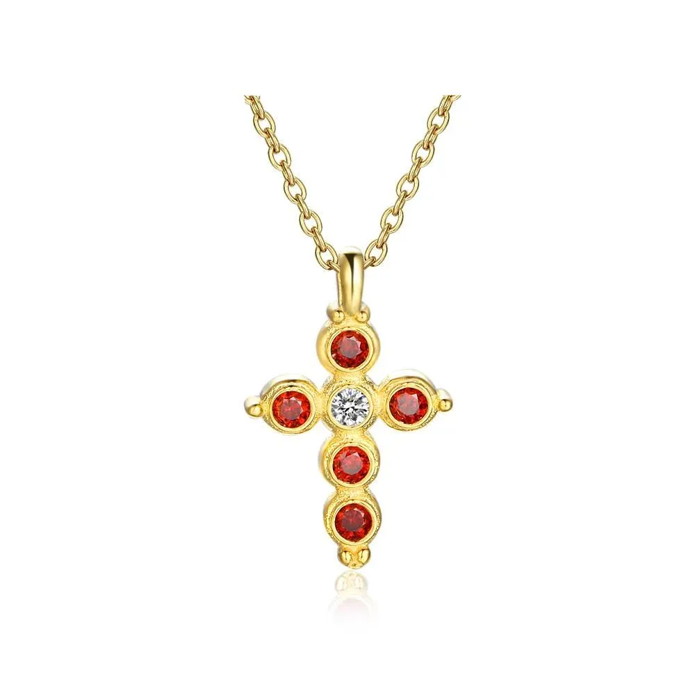 Fashion 925 Sterling Silver Gold Plated Cross Pattern Necklace with Red CZ Pendant, Vintage Jewelry for Women