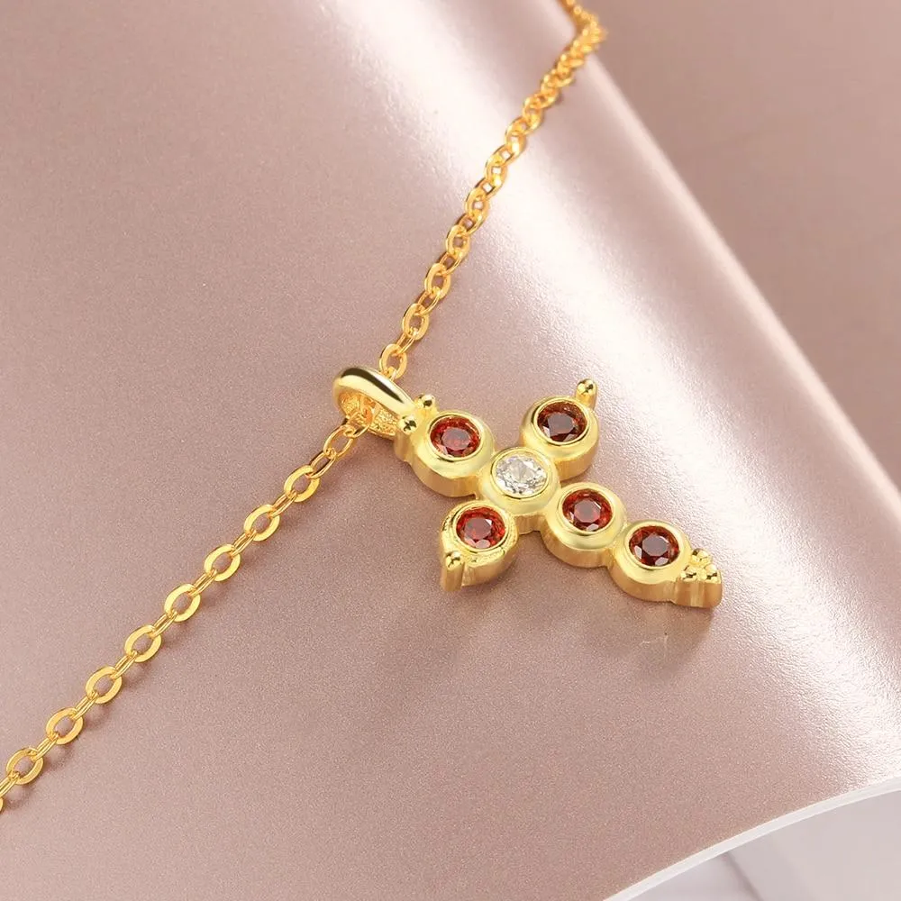 Fashion 925 Sterling Silver Gold Plated Cross Pattern Necklace with Red CZ Pendant, Vintage Jewelry for Women