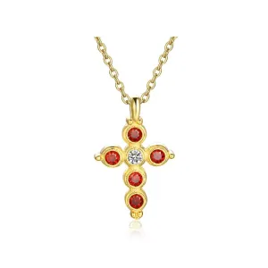 Fashion 925 Sterling Silver Gold Plated Cross Pattern Necklace with Red CZ Pendant, Vintage Jewelry for Women