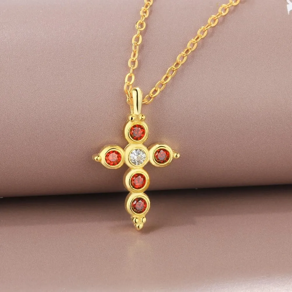Fashion 925 Sterling Silver Gold Plated Cross Pattern Necklace with Red CZ Pendant, Vintage Jewelry for Women
