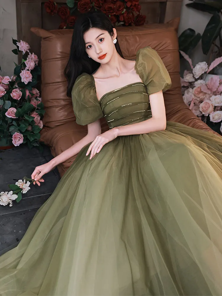 Green Puffy Short Sleeves Tulle Prom Party Dress, Green Evening Dresses