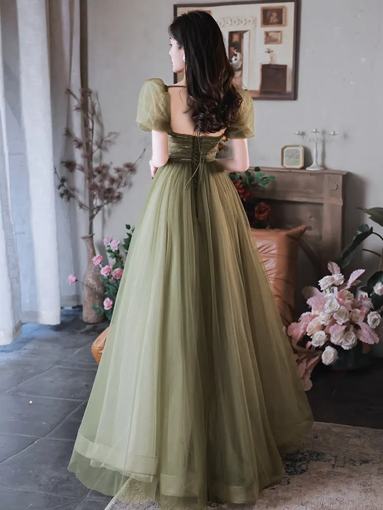 Green Puffy Short Sleeves Tulle Prom Party Dress, Green Evening Dresses