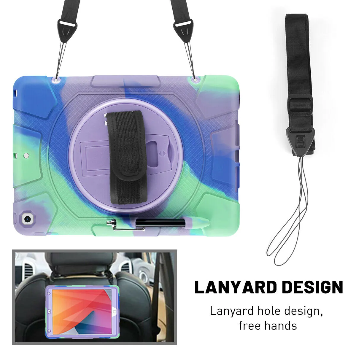 iPad 10.2" Hybrid Case Heavy Duty Shockproof Stand Cover Case with Strap
