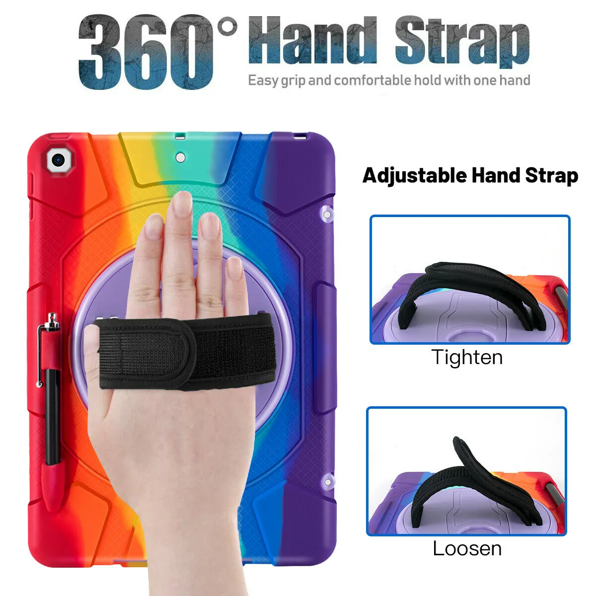 iPad 10.2" Hybrid Case Heavy Duty Shockproof Stand Cover Case with Strap