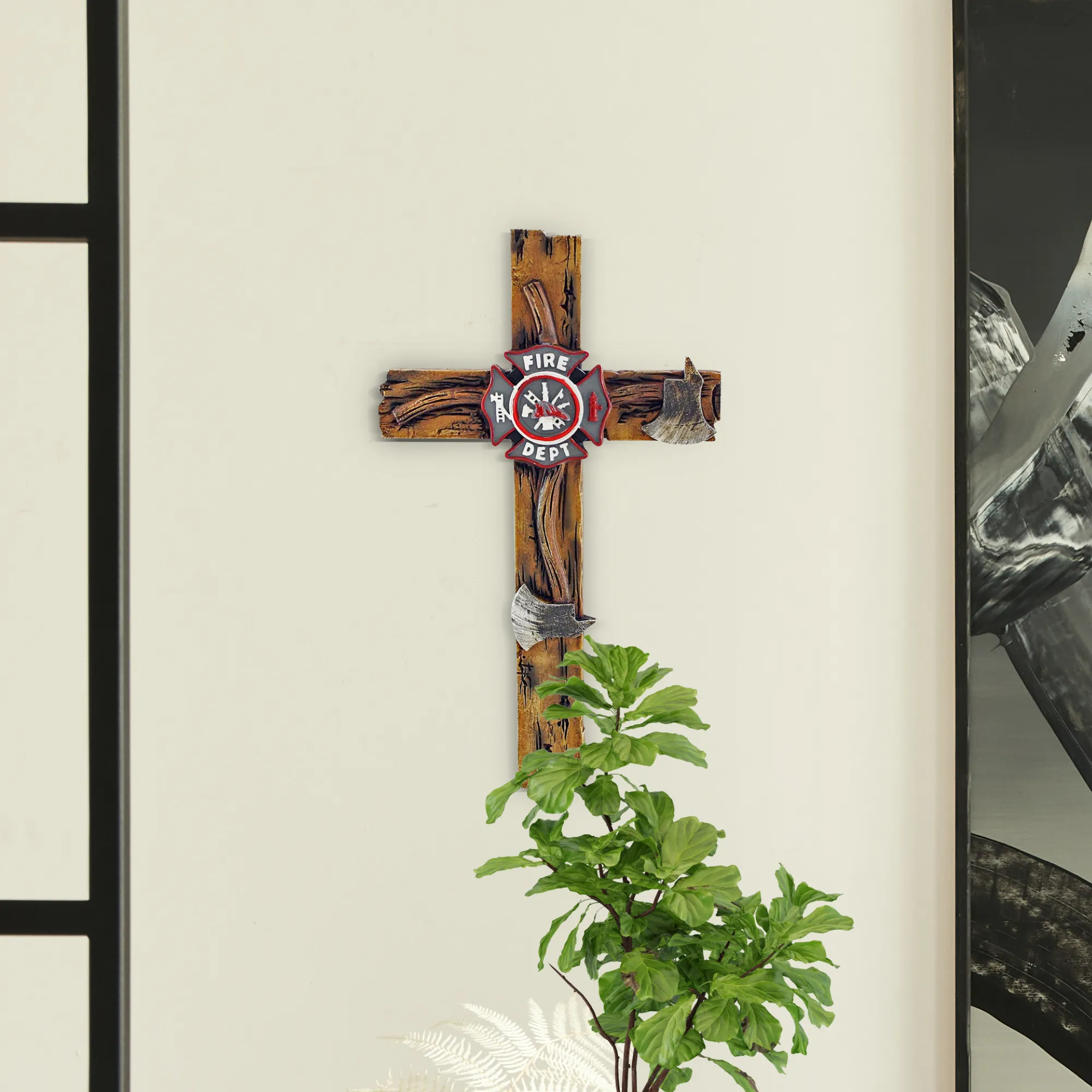 Pine Ridge 10" Fireman Axe Wall Hanging Cross Beautiful Fire Department Emblem Centerpiece - Great For Home, Garage, Shop, and Local Fire Station Decor Hero Series