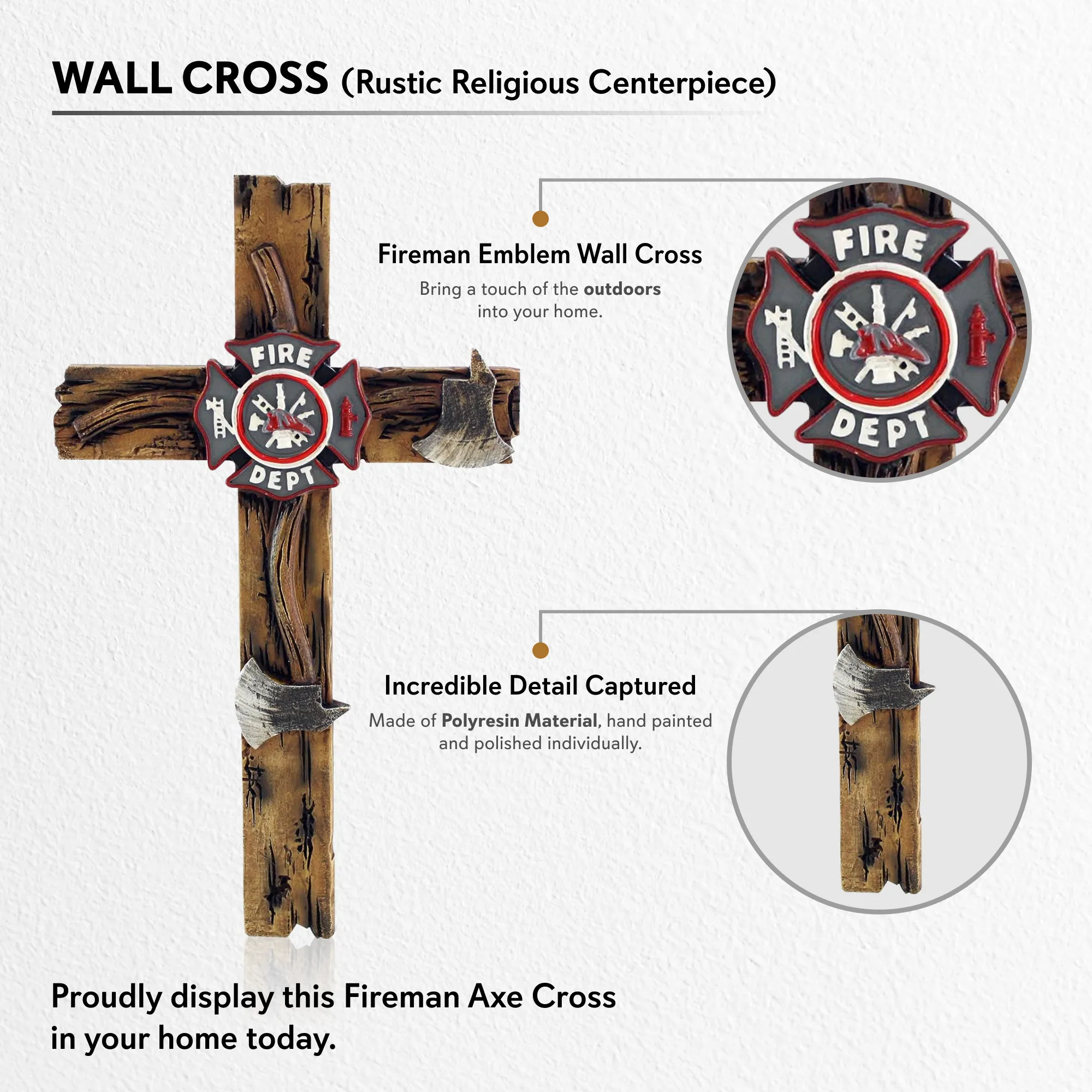 Pine Ridge 10" Fireman Axe Wall Hanging Cross Beautiful Fire Department Emblem Centerpiece - Great For Home, Garage, Shop, and Local Fire Station Decor Hero Series