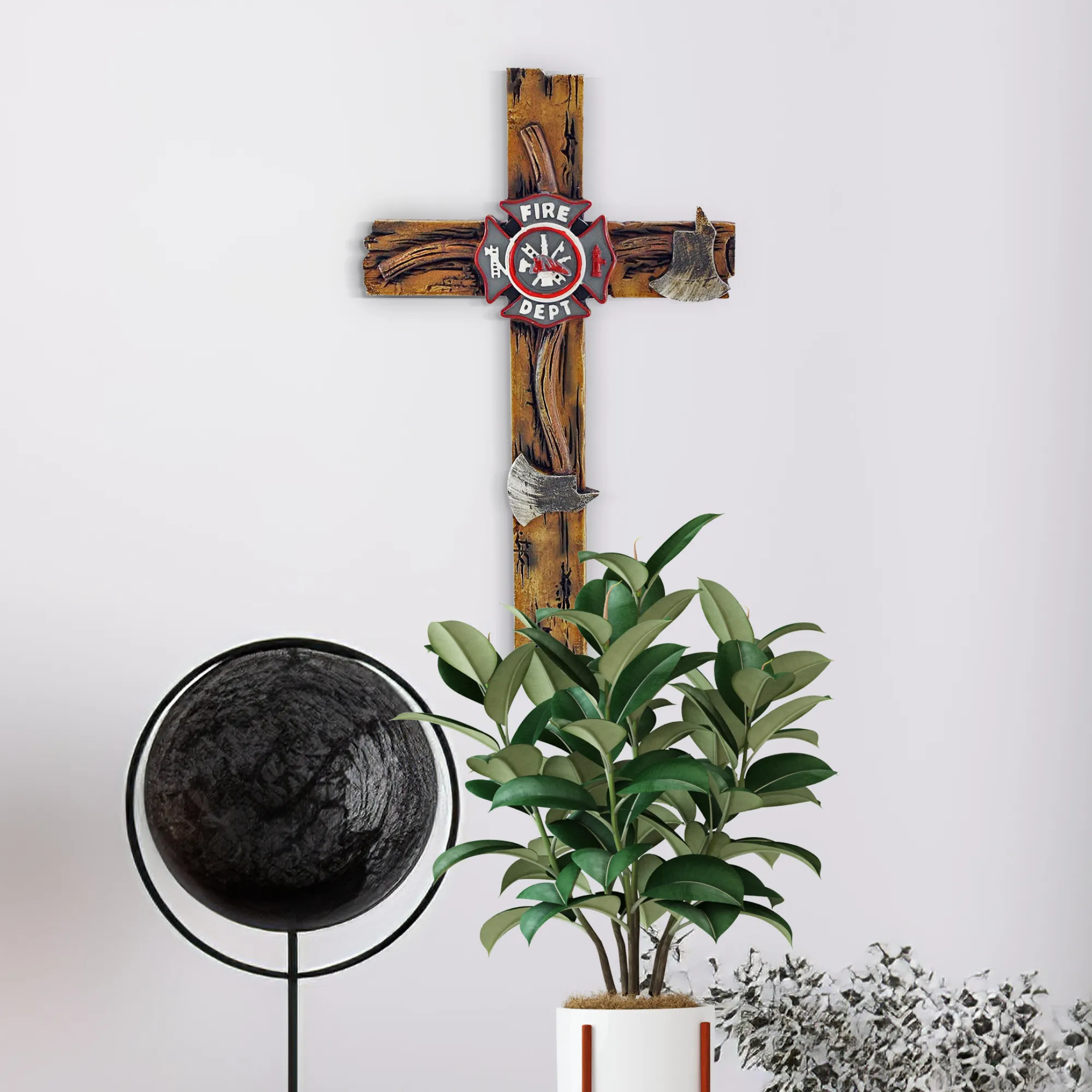 Pine Ridge 10" Fireman Axe Wall Hanging Cross Beautiful Fire Department Emblem Centerpiece - Great For Home, Garage, Shop, and Local Fire Station Decor Hero Series