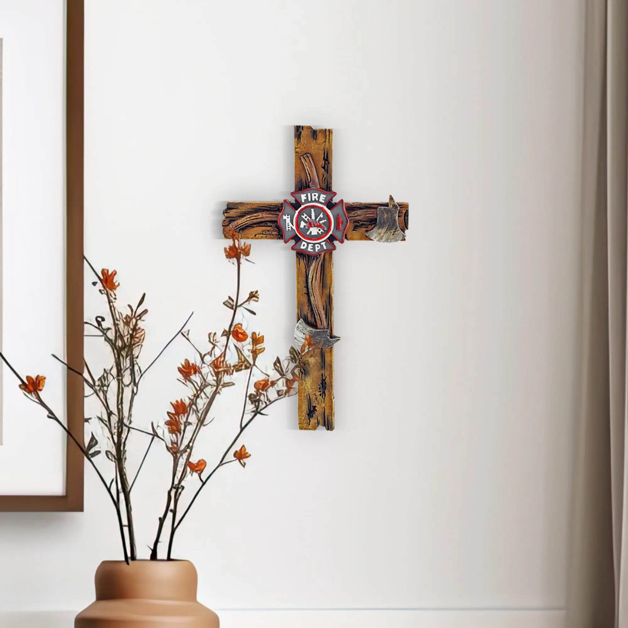 Pine Ridge 10" Fireman Axe Wall Hanging Cross Beautiful Fire Department Emblem Centerpiece - Great For Home, Garage, Shop, and Local Fire Station Decor Hero Series