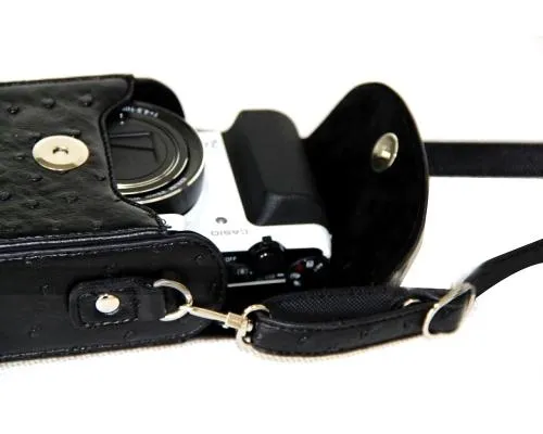 PU Ostrich Leather Mirrorless Camera Bag with Adjustable Strap - Black