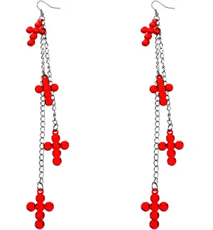 Red Long Chain Cross Earrings