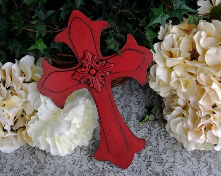 Rustic barn red embellished wooden wall cross