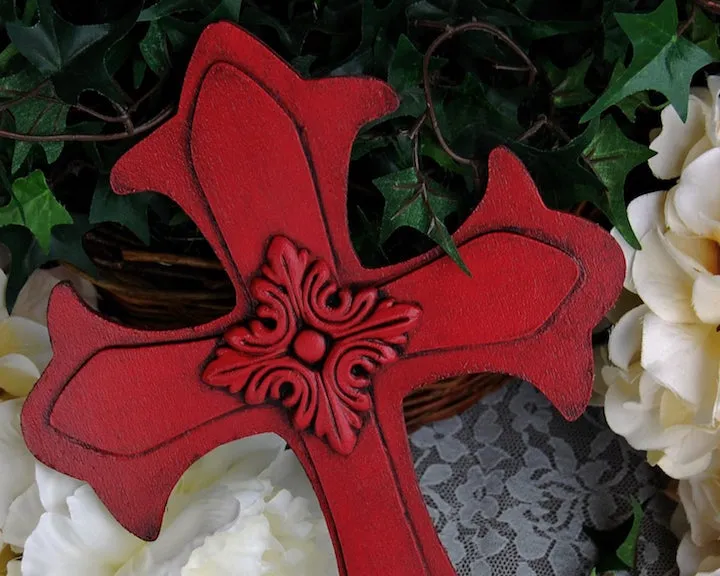 Rustic barn red embellished wooden wall cross