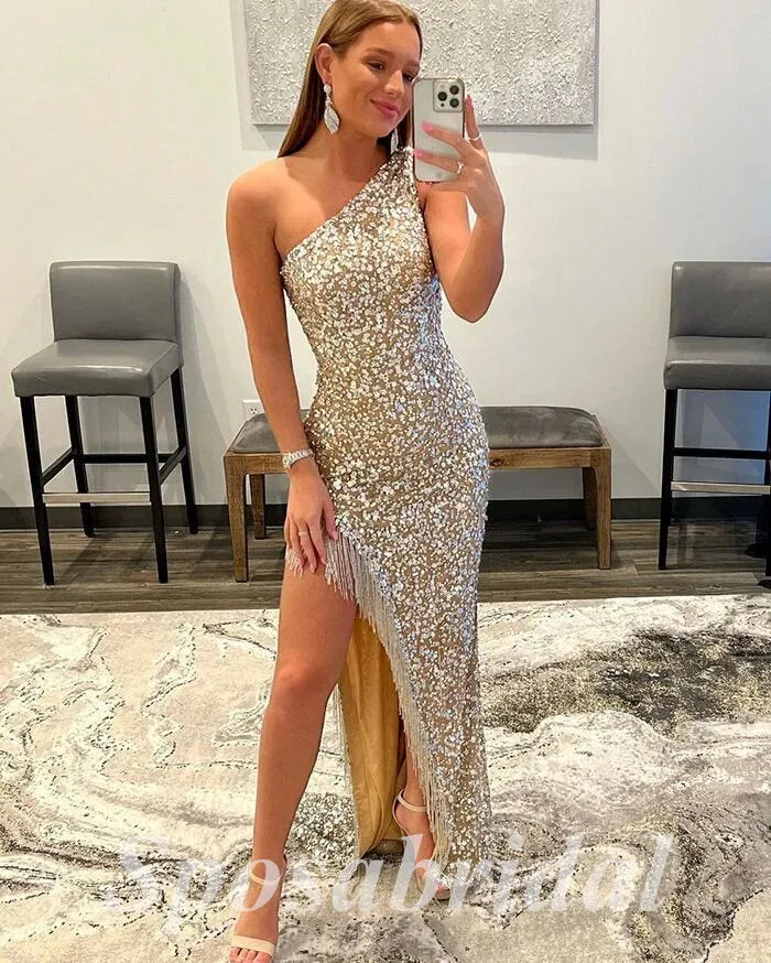 Sexy Sequin One Shoulder Sleeveless Side Slit Mermaid Long Prom Dresses, PD3617