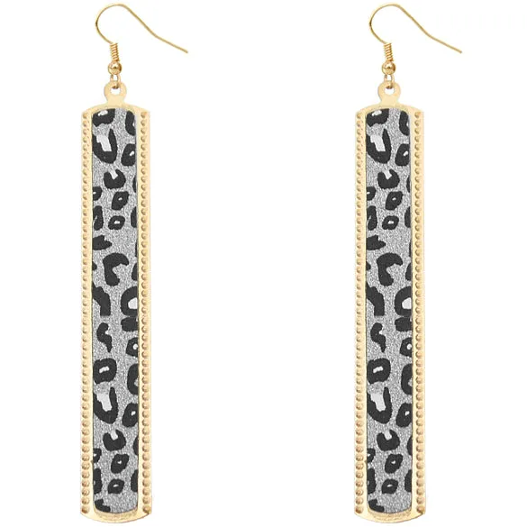 Silver Cheetah Glitter Stick Dangle Earrings