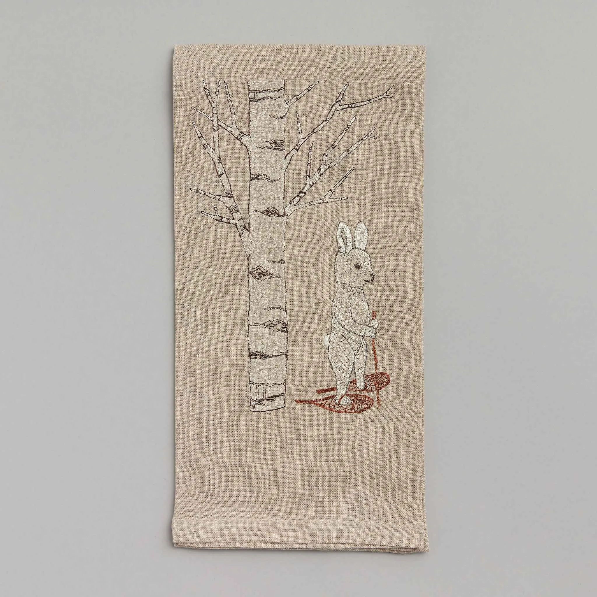 Snowshoe Hare Embroidered Linen Tea Towel