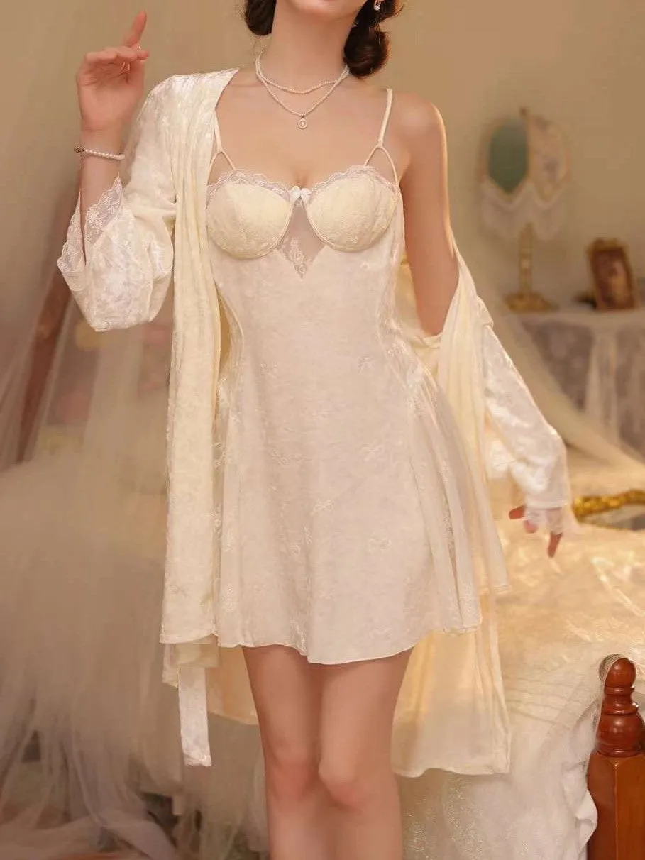 Velvet Bowknot Floral Lace-Trim Slip   Robe