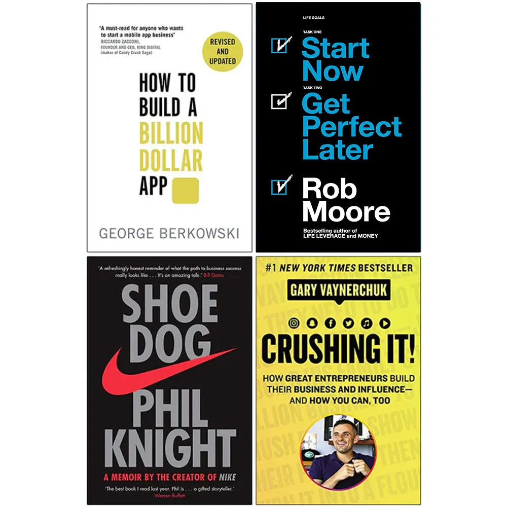Zero to One, Start Now Get Perfect Later, Shoe Dog A Memoir by the Creator of Nike, [Hardcover] Crushing It 4 Books Collection Set